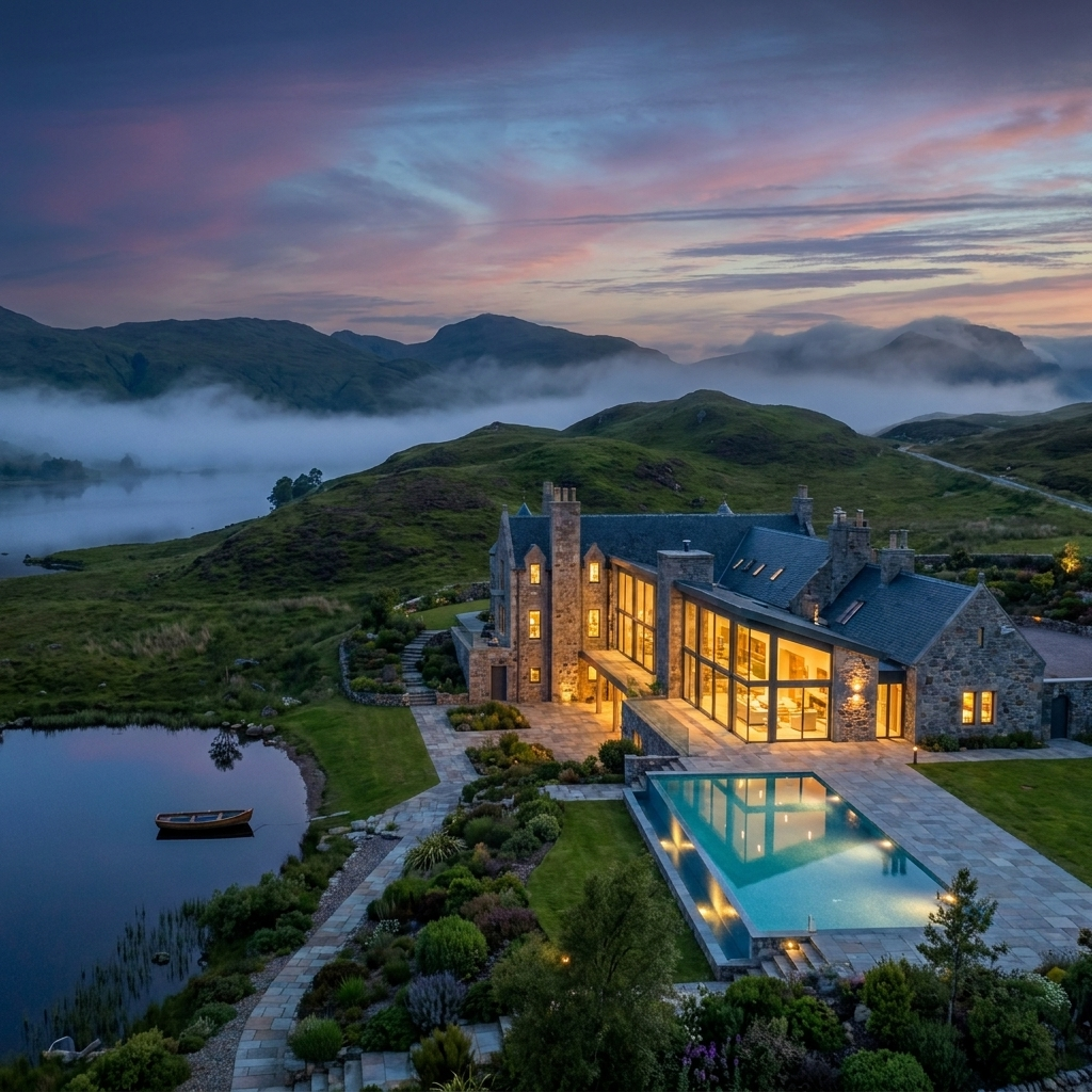 Luxury Scottish estate at dusk with glowing windows