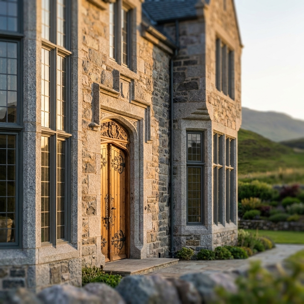 Stone entrance detail of luxury Scottish estate