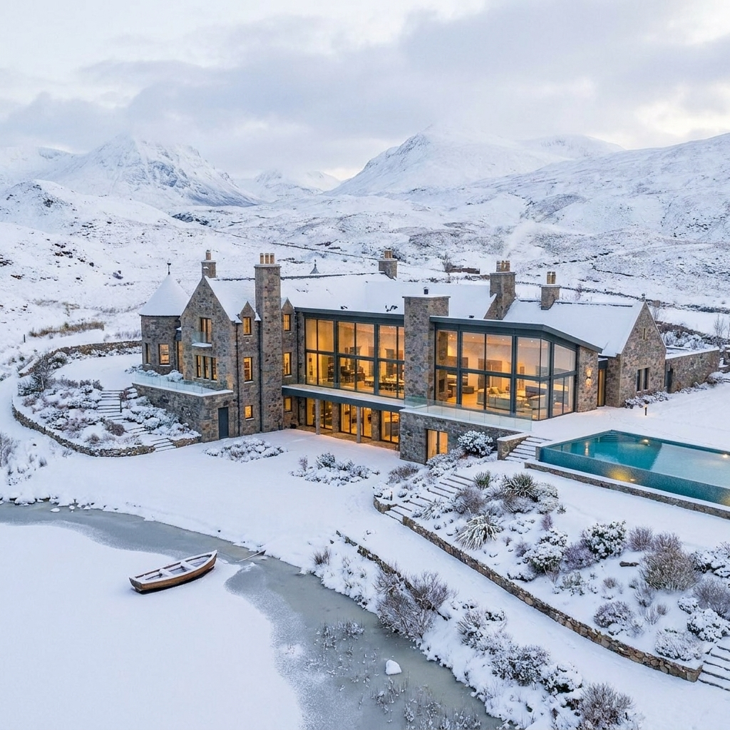 Luxury Scottish estate in winter snow